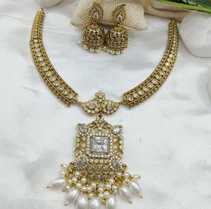 Conjunto de collar chapado en oro de alta calidad Premium tradicional para mujer, collar clásico con pendientes, ropa de boda de diseñador - Product Image 5