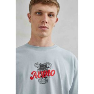 T-shirt Unisex in cotone oversize con Design AUDIO Top da uomo in colore grigio - Product Image 4