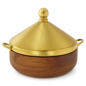 Marmite élégante Ramadan Mubarak avec couvercle en laiton et base en bois pour les célébrations de l'iftar à vendre des casseroles premium en ss avec du bois - Product Image 1