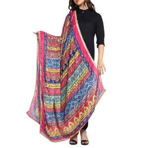 Chal de Invierno Tradicional Pakistaní de Seda 100%, Bordado Colorido con Espejo, Estilo Étnico Largo, Dupatta de Chinon - Product Image 1