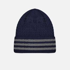 Bonnet en tricot bleu foncé classique sur mesure avec des rayures grises, tissu en tricot doux, port confortable - Product Image 4