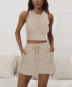 Ensemble deux pièces en maille sans manches, crop top et short, 2026, sexy, club, floral, sport, yoga, soutien-gorge et short, ensembles pour femmes, ensembles unis d'été - Product Image 1