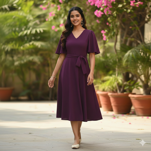 Vestido Midi de Crepé Suave Premium para Mujer, Cuello en V, Color Sólido, con Cinturón, Marca Unity Luxure - Product Image 1