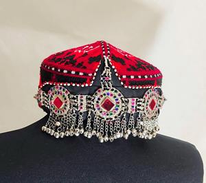 Authentic Afghan Geometric Pattern <b>Hat</b> In Red And Black Embroidery Featuring Triple Medallion Silver Chain Fringe Traditional - Product Image 1
