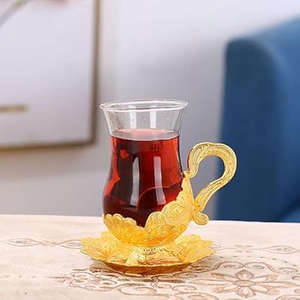 Juego de vasos de té turco con platillos de metal dorado Soportes de metal y placa de metal Vasos de té de lujo Juego de regalo de boda Regalos - Product Image 3