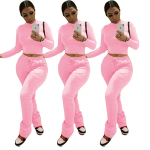 Logo personnalisé Ensemble deux pièces décontracté solide pour femmes Short-Length Winter Long Fleece Sleeve Hoodie Jogger Stacked Pants - Product Image 3