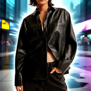 PU Leather <b>Shirt</b> <b>Women</b> Letterman Button up Oversize Long Sleeve Letterman Fashion Leather <b>Shirt</b> Ladies - Product Image 5