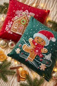 Housse de coussin décorative de Noël personnalisée en velours brodé motif maison de pain d'épices, 47x47cm, lavable, avec fermeture éclair, festive - Product Image 5
