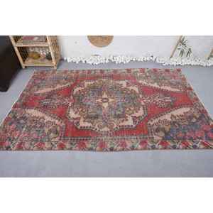 พรมขนสัตว์วินเทจสีแดงและน้ำเงิน4.2x6.9ฟุตลายปะติดแบบนามธรรมสำหรับทางเข้าหรือหลังยางข้างเตียงสำหรับฤดูร้อน - Product Image 3