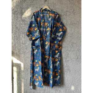 Robe kimono longue sans col à imprimé floral pour femme, ample, manches trois quarts, maxi, décontractée, peignoir d'été en tissu tissé respirant - Product Image 1