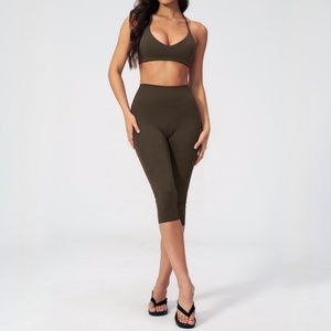 Custom Olive Green 2 Piece 2026 Yoga Set Halter <b>Crop</b> <b>Top</b> High Waist Knee Length Leggings Seamless Solid Color Activewear - Product Image 4