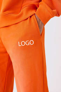<b>Men's</b> Custom Logo <b>Orange</b> 100% Cotton Breathable Winter Heavyweight Fleece Pullover <b>Hoodie</b> Stacked Sweatpants Set Gusset - Product Image 3