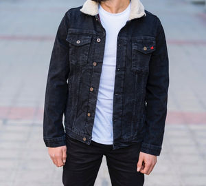 Veste en toile denim pour homme de haute qualité avec col montant, doublure en polyester, séchage rapide et respirante, manteau décontracté d'hiver - Product Image 2