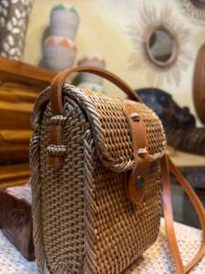 Lombok Handwoven Black Rattan Crossbody Pouch with Leather Strap Slim Traditional Indonesian Minimalist <b>Wicker</b> <b>Craft</b> Bag - Product Image 2