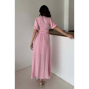 Pink Wrap-Neck <b>Muslin</b> Linen <b>Dress</b> - Pink - Product Image 5