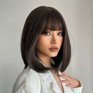 Delilah-DWY Short Bob Lace Front <b>Wig</b> Dark <b>Brown</b> Synthetic Fiber with Bangs Small Cap Size for Women - Product Image 3