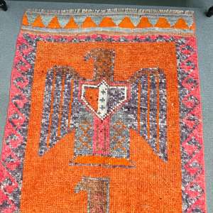Alfombra Turca Vintage de Lana 3.1x11.8 pies (93x361 cm) Diseño de Parches Naranja con Base de Látex - Product Image 2