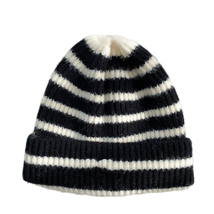 Bonnet unisexe rayé en tricot pour l'hiver, style décontracté, avec revers, chaud, noir et blanc, tendance - Product Image 1