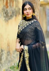 Heavy georgette-saree con bordado de diamantes para mujer, ropa de fiesta, color negro, festival, saree, precio bajo - Product Image 3