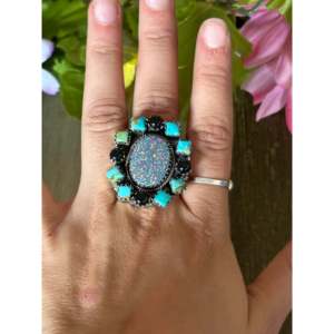 Southwest Handmade Opal & <b>Sterling</b> <b>Silver</b> <b>Adjustable</b> <b>Ring</b> Natural Stone Bezel Set Fine Jewelry - Product Image 2