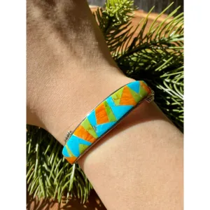 Bracelet manchette Navajo fait main en argent sterling 925 et pierres multiples, bracelet manchette Navajo fait main avec incrustation de pierres multiples - Product Image 2