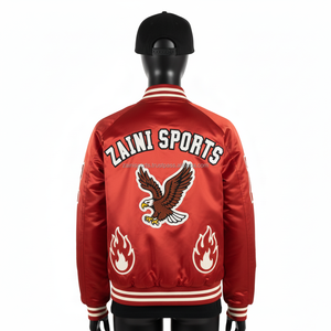 Chaqueta de Satén para Mujer, Tela Suave y Brillante en Rojo con Logotipo Bordado, Apliques y Diseño de Paneles Acanalados, Chaquetas de Satén para Mujer - Product Image 2