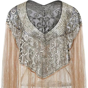 Belle élégante Satin attache col en V perlé paillettes Burlesque Cape robe lavable cachemire droite Silhouette dos libre - Product Image 1