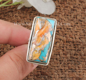 แหวนแต่งงานสไตล์โบฮีเมียนทำจากเงินสเตอร์ลิงประดับด้วยหอยมุกหนามธรรมชาติและเทอร์ควอยซ์สีทองแดง-สำหรับทั้งชายและหญิง - Product Image 3