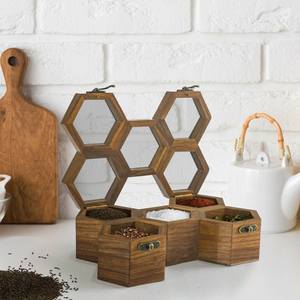 Boîte à épices Masala Daani en laiton Conteneurs hexagonaux en bois boîte à épices armoires de cuisine stockage de poudre épices et herbes utilisation masala - Product Image 4
