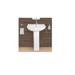 Lavabo Semipedestal de Diseño Moderno y Lujoso con Set de Lavamanos, Acabado Pulido en Piedra Travertino, Cerámica Sanitaria de Alta Calidad - Product Image 1