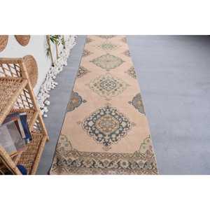 2.9x12.5 ft Vintage <b>Rug</b>, Turkish <b>Runner</b> <b>Rug</b>, Beige Blue Ikat Wool <b>Rug</b> - Product Image 1
