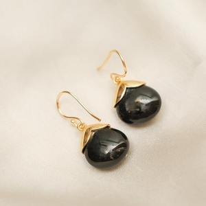 Unisex 8-10mm Black Obsidian Tumble <b>Earrings</b> Gold-Plated Teardrop Dangle with Birthstone Fashionable Gold Cap & Hook Jewelry - Product Image 5