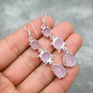 Boucles d'oreilles de créateur faites à la main pour femmes personnalisées en argent sterling 925 Quartz rose pierre précieuse pour cadeau de fiançailles Piercing fin - Product Image 4