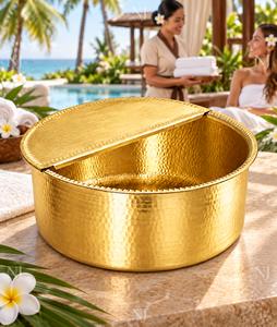 Bol à pédicure rond en métal martelé NJ Gold avec couvercle, bassin de bain de pieds portable pour SPA et usage domestique - Product Image 5