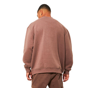 Derniers hommes les plus élégants couleur marron surdimensionné 300 GSM polaire en relief Logo sweat à col rond avec ourlet côtelé à manches à vendre - Product Image 4