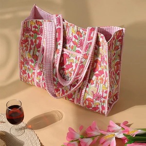 Floral Print Cotton Kantha Quilt Vintage Bohemian Zipper Closure Fashion Tote Shoulder <b>Bag</b> for All Seasons - Product Image 2