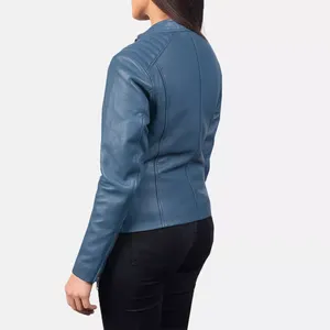 Blouson de motard en cuir véritable bleu pour femme, col montant, épaules matelassées, en peau de mouton, fermeture éclair sur le devant, poches, coupe ajustée, vêtement d'extérieur - Product Image 4