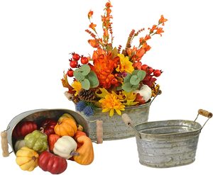 Set of 3 Farmhouse Decor Galvanized Oval Planter Tubs | Nested Metal Tin Buckets | Rustic Containers