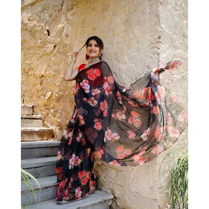 Conjuntos de Mujer Shabnam, Elegante Sari de Organza Floral Negro - Product Image 3