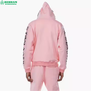 Men <b>Pink</b> Zipper Hoodie <b>Tracksuit</b> Sleeve Printed 400 GSM Letter Pattern Zipper Closure Loose Fit Streetwear Jogger <b>Set</b> Spring - Product Image 3