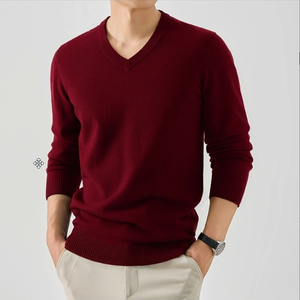 Pull en cachemire léger à col en V pour homme, coupe ajustée, élégant et décontracté, à manches longues, avec logo sur le devant, pour l'hiver - Product Image 4