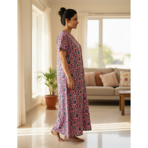 Vestido de Dormir 100% Algodón con Estampado Jaal Hecho a Mano, Camisón Suave Tejido con Diseño Floral y Cierre de Botones, Talla 3XL para Damas de Honor - Product Image 2