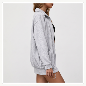 Women's Oversized Heather Grey Breathable Zip-Up Fleece Track Jacket with Stand Collar <b>Drop</b> Shoulder Toggle Hem 340g Fabric - Product Image 3