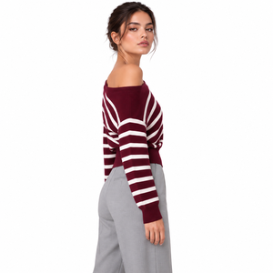 Pull asymétrique rayé imprimé vintage pour femme, col dégagé, manches longues, idéal pour le printemps et les tenues décontractées - Product Image 5