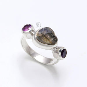 Anillo de piedras preciosas de amatista Druzy de labradorita 925 Plata de ley sólida Estilo DE BODA clásico Ajuste de bisel natural personalizable - Product Image 1