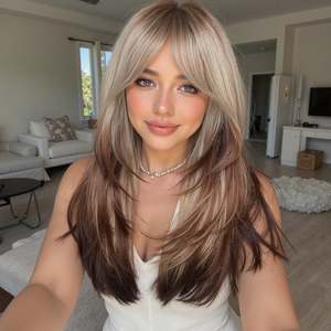 Erica-DWY 22-Inch Glueless Synthetic <b>Wig</b> for Women Machine Made Mid-Length Straight Bleach Blonde <b>Brown</b> Ends Transparent Lace - Product Image 1