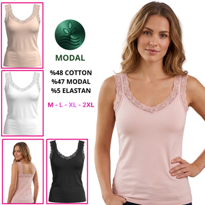 Débardeur décontracté en maille pour femme avec bordure en dentelle, col en V, en coton modal respirant, style camisole sexy - Product Image 1