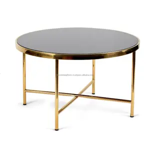 Metal Pipe Accent Coffee Table With Gold Plating Finishing Round Shape Modern Design Black Glass Top For Living Room