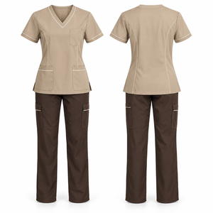 Conjunto de Uniforme Médico Personalizado para Mujer, Blusa con Cuello en V y Pantalones Cargo Marrones con Detalles Beige, Uniformes de Hospital, Tela de Algodón y Poliéster - Product Image 1