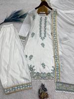 Gaun Sharara Bordir Putih Cantik dari Sutra Organza dengan Dupatta Jaring Modern Cepat Kering Bebas Kerut India/Pakistan
